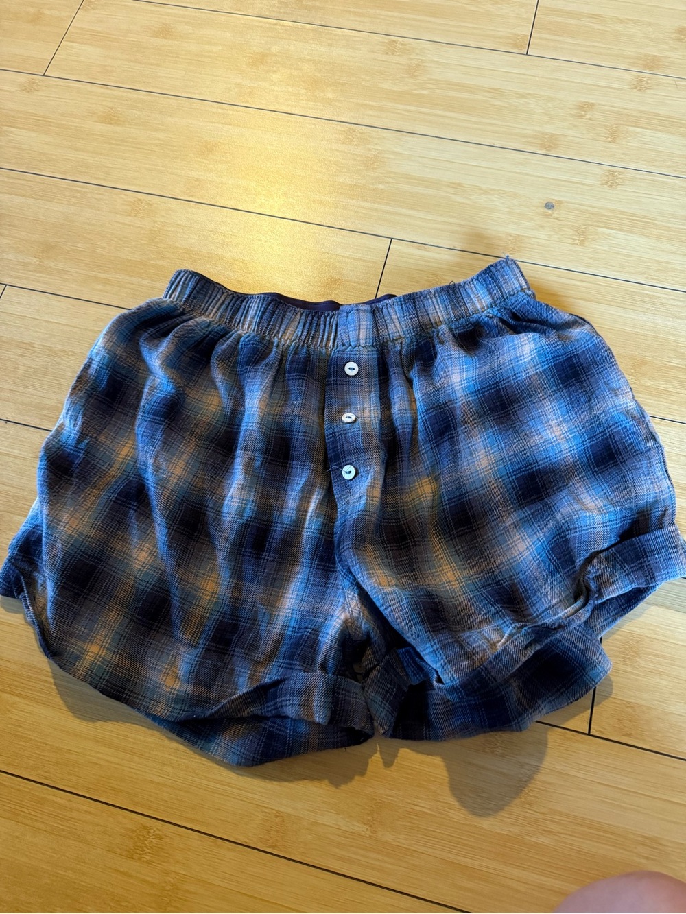 Free People Blue Plaid Elastic Waist Button-Front Shorts